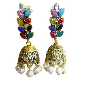 Antique gold & colorful stone and pearl jhumka earrings